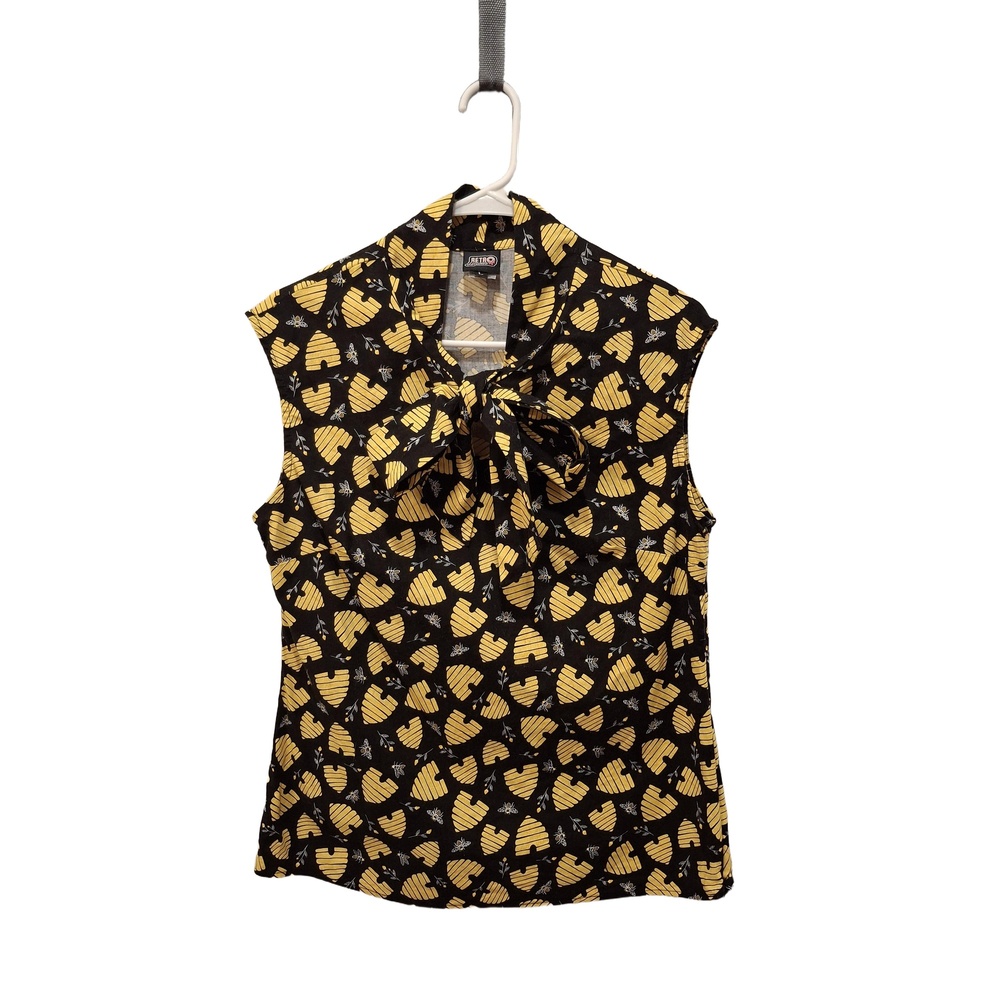 Retrolicious Limited Edition Black Beehive Bee Print Bow Tie Blouse Size L - Picture 2 of 6